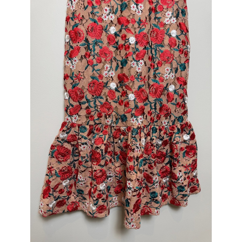 Lovers + Friends XS Under The Stars Midi Nude Red Floral Dress Crochet Romantic - Picture 7 of 13